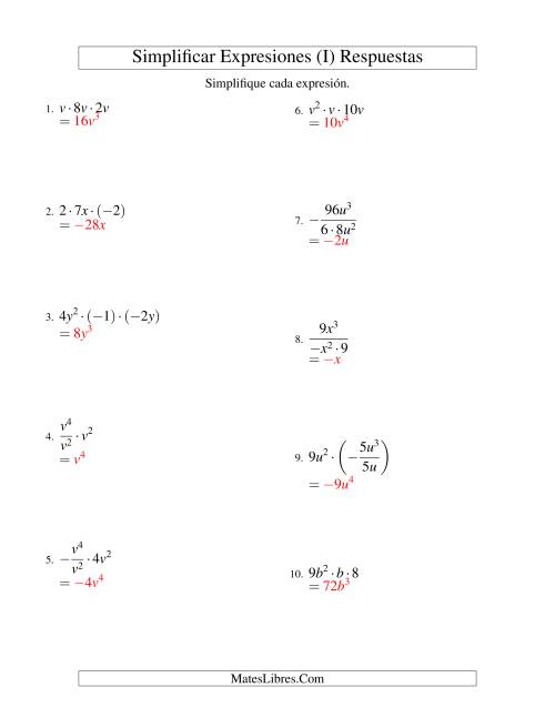 La hoja de ejercicios de Simplificar Expresiones Algebraicas, Multiplicación y División, Una Variable, Tres Términos (I) Página 2