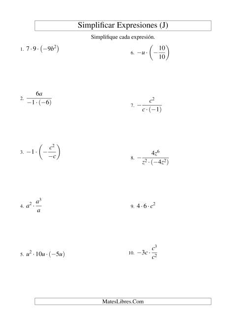 La hoja de ejercicios de Simplificar Expresiones Algebraicas, Multiplicación y División, Una Variable, Tres Términos (J)