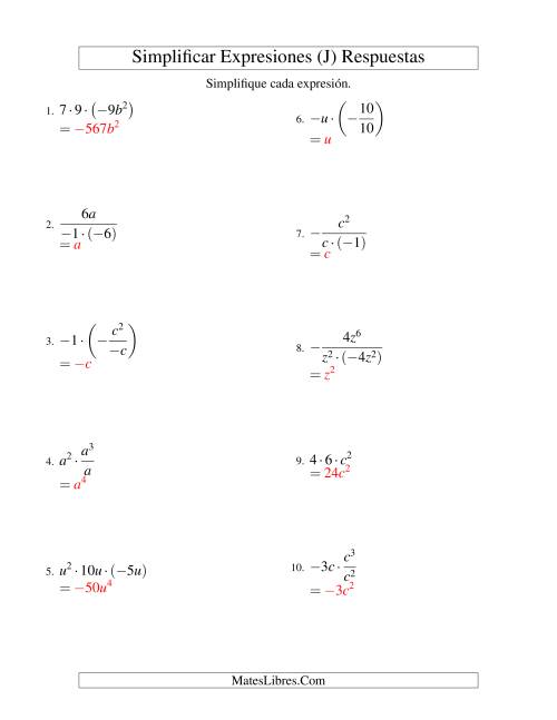La hoja de ejercicios de Simplificar Expresiones Algebraicas, Multiplicación y División, Una Variable, Tres Términos (J) Página 2
