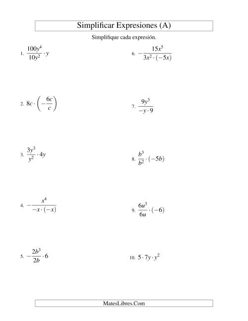 La hoja de ejercicios de Simplificar Expresiones Algebraicas, Multiplicación y División, Una Variable, Tres Términos (Todas)