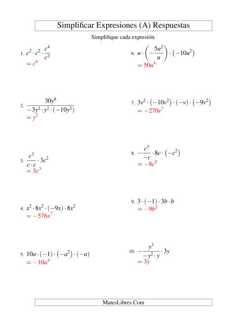 La hoja de ejercicios de Simplificar Expresiones Algebraicas, Multiplicación y División, Una Variable, Cuatro Términos (A) Página 2