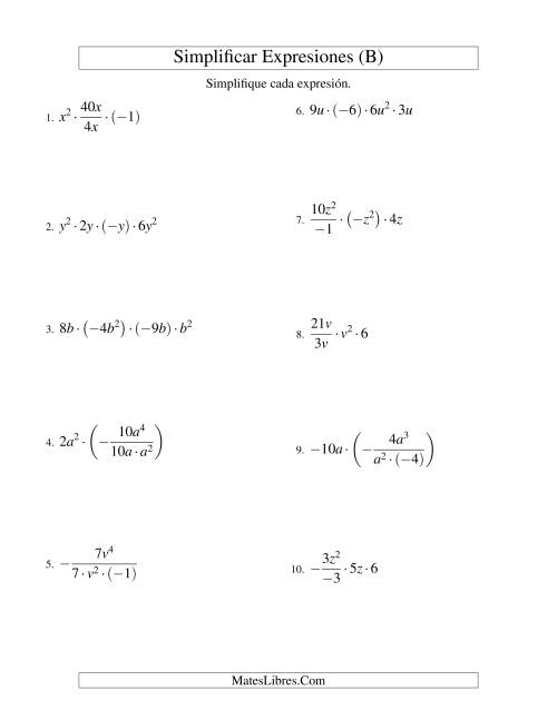 La hoja de ejercicios de Simplificar Expresiones Algebraicas, Multiplicación y División, Una Variable, Cuatro Términos (B)