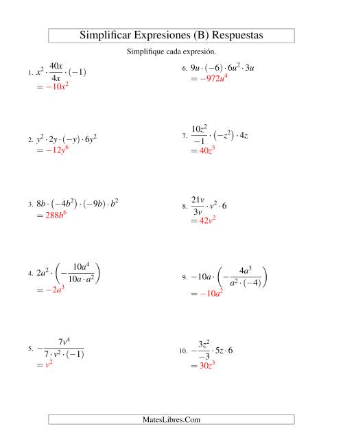 La hoja de ejercicios de Simplificar Expresiones Algebraicas, Multiplicación y División, Una Variable, Cuatro Términos (B) Página 2