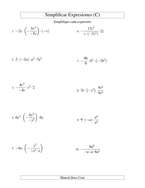La hoja de ejercicios de Simplificar Expresiones Algebraicas, Multiplicación y División, Una Variable, Cuatro Términos (C)