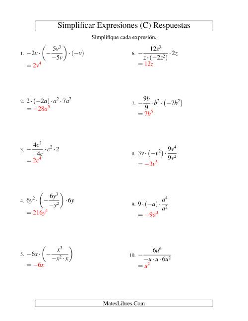 La hoja de ejercicios de Simplificar Expresiones Algebraicas, Multiplicación y División, Una Variable, Cuatro Términos (C) Página 2