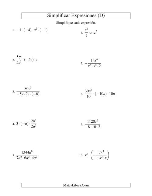 La hoja de ejercicios de Simplificar Expresiones Algebraicas, Multiplicación y División, Una Variable, Cuatro Términos (D)