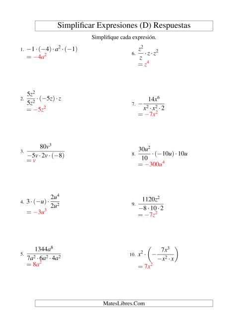 La hoja de ejercicios de Simplificar Expresiones Algebraicas, Multiplicación y División, Una Variable, Cuatro Términos (D) Página 2