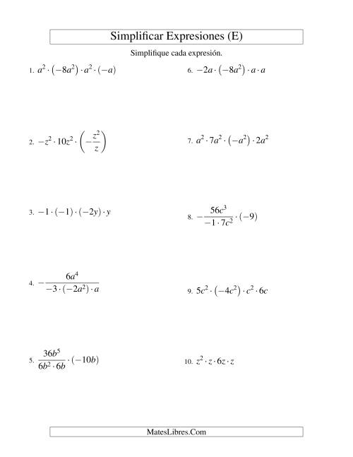 La hoja de ejercicios de Simplificar Expresiones Algebraicas, Multiplicación y División, Una Variable, Cuatro Términos (E)