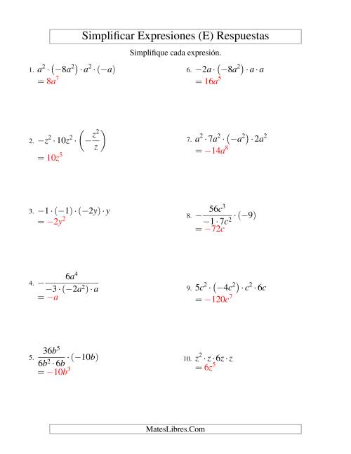 La hoja de ejercicios de Simplificar Expresiones Algebraicas, Multiplicación y División, Una Variable, Cuatro Términos (E) Página 2