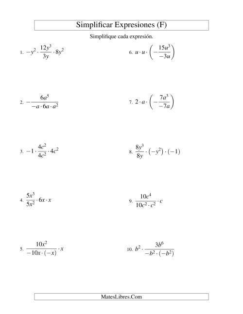 La hoja de ejercicios de Simplificar Expresiones Algebraicas, Multiplicación y División, Una Variable, Cuatro Términos (F)