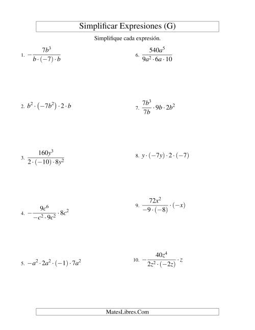 La hoja de ejercicios de Simplificar Expresiones Algebraicas, Multiplicación y División, Una Variable, Cuatro Términos (G)