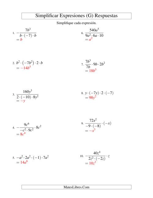 La hoja de ejercicios de Simplificar Expresiones Algebraicas, Multiplicación y División, Una Variable, Cuatro Términos (G) Página 2