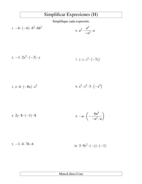La hoja de ejercicios de Simplificar Expresiones Algebraicas, Multiplicación y División, Una Variable, Cuatro Términos (H)