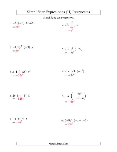 La hoja de ejercicios de Simplificar Expresiones Algebraicas, Multiplicación y División, Una Variable, Cuatro Términos (H) Página 2