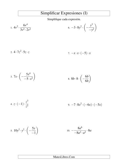 La hoja de ejercicios de Simplificar Expresiones Algebraicas, Multiplicación y División, Una Variable, Cuatro Términos (I)