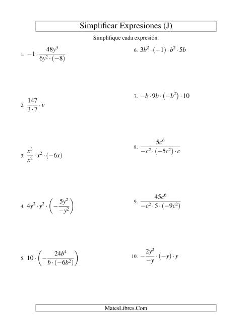 La hoja de ejercicios de Simplificar Expresiones Algebraicas, Multiplicación y División, Una Variable, Cuatro Términos (J)