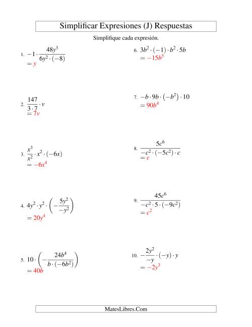 La hoja de ejercicios de Simplificar Expresiones Algebraicas, Multiplicación y División, Una Variable, Cuatro Términos (J) Página 2