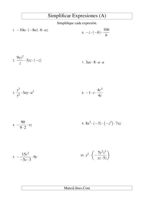 La hoja de ejercicios de Simplificar Expresiones Algebraicas, Multiplicación y División, Dos Variables, Cuatro Términos (A)