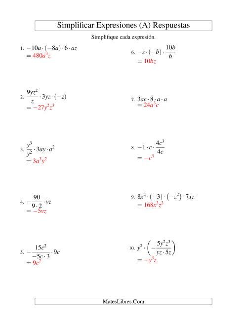 La hoja de ejercicios de Simplificar Expresiones Algebraicas, Multiplicación y División, Dos Variables, Cuatro Términos (A) Página 2