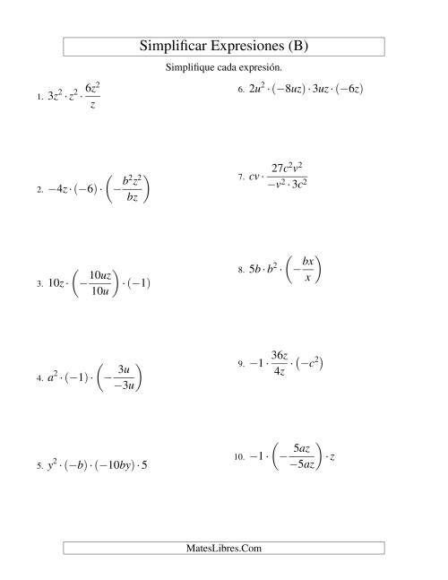 La hoja de ejercicios de Simplificar Expresiones Algebraicas, Multiplicación y División, Dos Variables, Cuatro Términos (B)