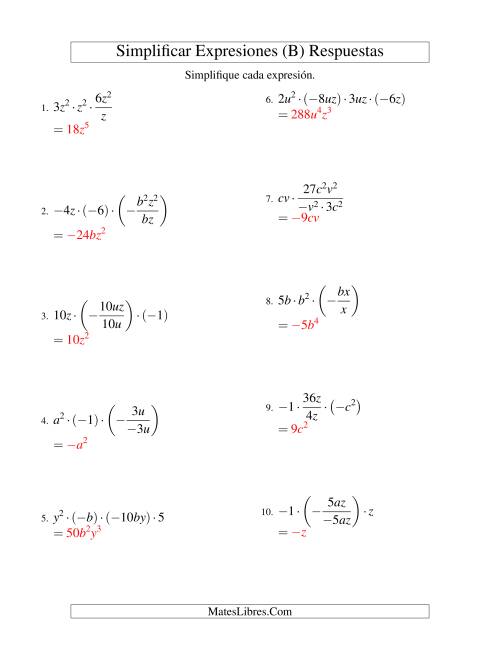 La hoja de ejercicios de Simplificar Expresiones Algebraicas, Multiplicación y División, Dos Variables, Cuatro Términos (B) Página 2