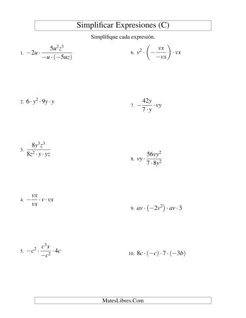 La hoja de ejercicios de Simplificar Expresiones Algebraicas, Multiplicación y División, Dos Variables, Cuatro Términos (C)