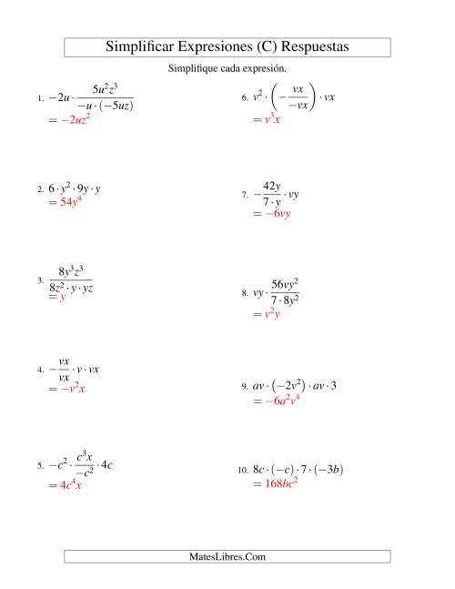 La hoja de ejercicios de Simplificar Expresiones Algebraicas, Multiplicación y División, Dos Variables, Cuatro Términos (C) Página 2