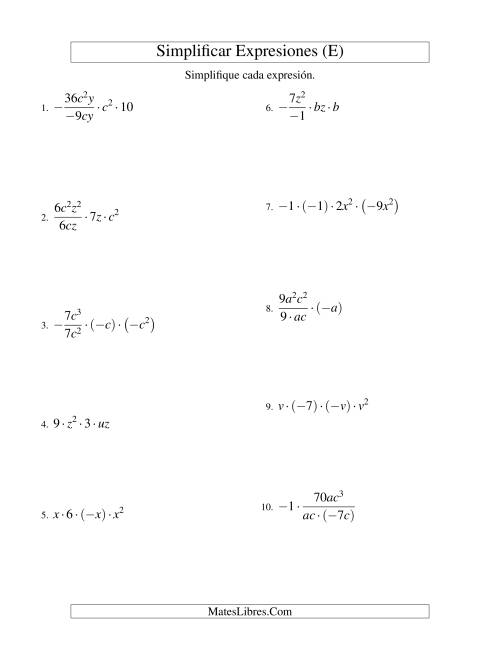 La hoja de ejercicios de Simplificar Expresiones Algebraicas, Multiplicación y División, Dos Variables, Cuatro Términos (E)