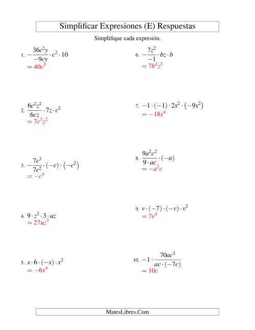 La hoja de ejercicios de Simplificar Expresiones Algebraicas, Multiplicación y División, Dos Variables, Cuatro Términos (E) Página 2
