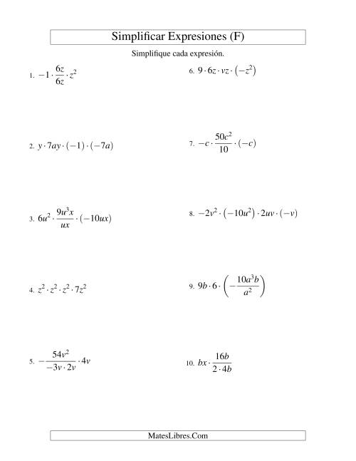La hoja de ejercicios de Simplificar Expresiones Algebraicas, Multiplicación y División, Dos Variables, Cuatro Términos (F)