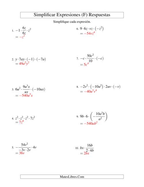 La hoja de ejercicios de Simplificar Expresiones Algebraicas, Multiplicación y División, Dos Variables, Cuatro Términos (F) Página 2