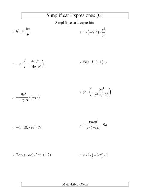 La hoja de ejercicios de Simplificar Expresiones Algebraicas, Multiplicación y División, Dos Variables, Cuatro Términos (G)