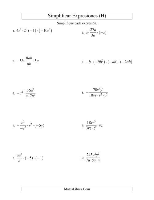 La hoja de ejercicios de Simplificar Expresiones Algebraicas, Multiplicación y División, Dos Variables, Cuatro Términos (H)