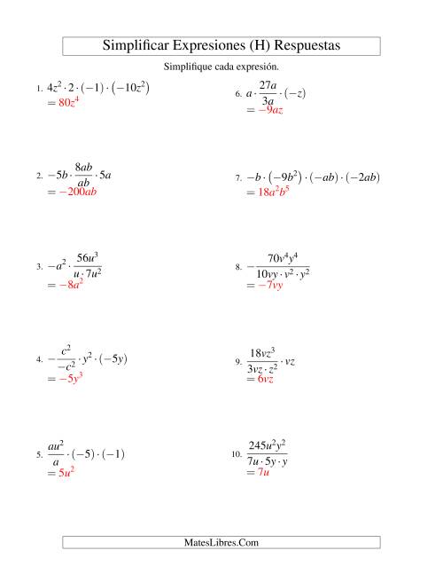 La hoja de ejercicios de Simplificar Expresiones Algebraicas, Multiplicación y División, Dos Variables, Cuatro Términos (H) Página 2