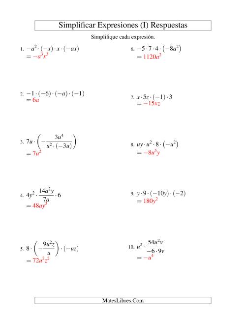 La hoja de ejercicios de Simplificar Expresiones Algebraicas, Multiplicación y División, Dos Variables, Cuatro Términos (I) Página 2