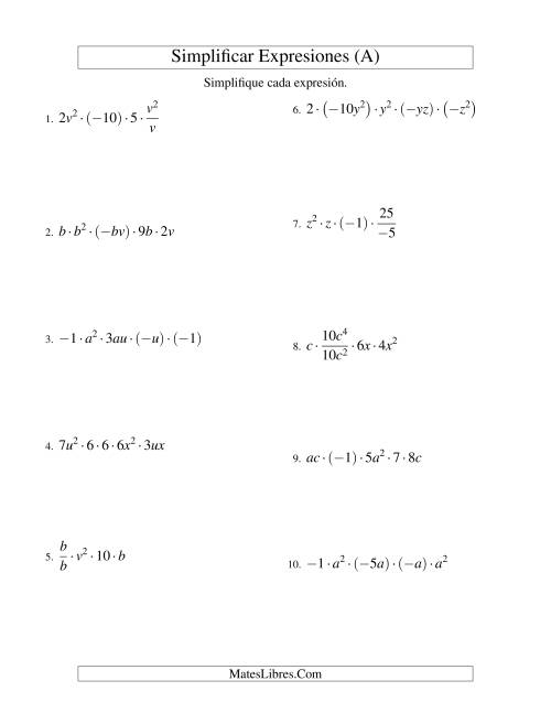 La hoja de ejercicios de Simplificar Expresiones Algebraicas, Multiplicación y División, Dos Variables, Cinco Términos (A)