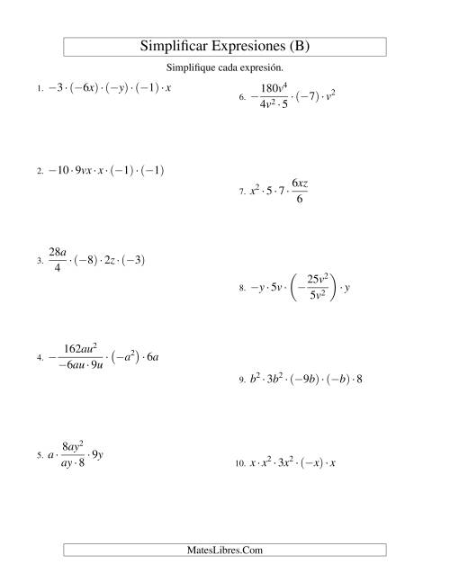 La hoja de ejercicios de Simplificar Expresiones Algebraicas, Multiplicación y División, Dos Variables, Cinco Términos (B)