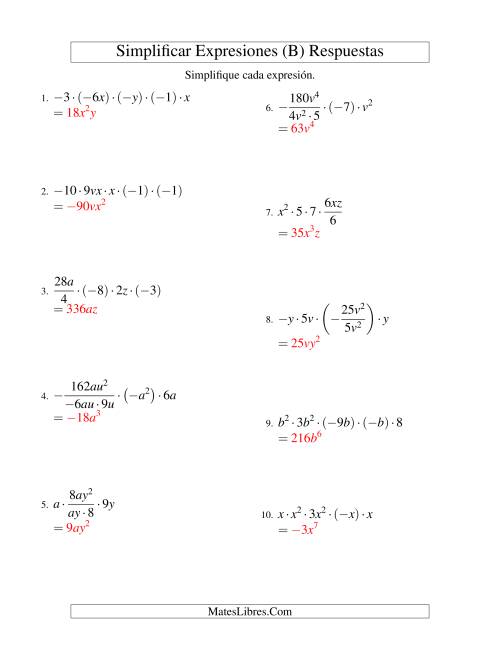 La hoja de ejercicios de Simplificar Expresiones Algebraicas, Multiplicación y División, Dos Variables, Cinco Términos (B) Página 2