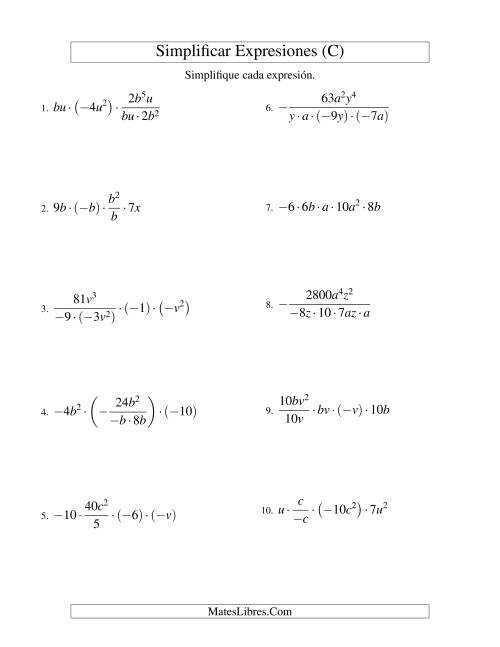 La hoja de ejercicios de Simplificar Expresiones Algebraicas, Multiplicación y División, Dos Variables, Cinco Términos (C)