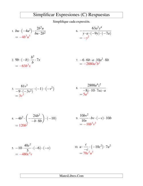La hoja de ejercicios de Simplificar Expresiones Algebraicas, Multiplicación y División, Dos Variables, Cinco Términos (C) Página 2