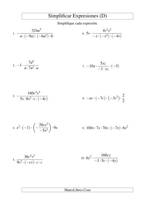 La hoja de ejercicios de Simplificar Expresiones Algebraicas, Multiplicación y División, Dos Variables, Cinco Términos (D)