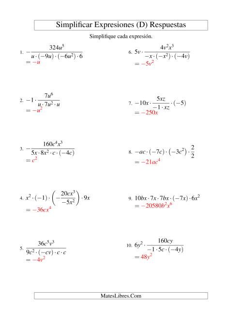 La hoja de ejercicios de Simplificar Expresiones Algebraicas, Multiplicación y División, Dos Variables, Cinco Términos (D) Página 2