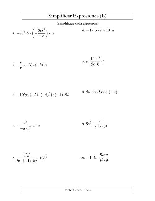 La hoja de ejercicios de Simplificar Expresiones Algebraicas, Multiplicación y División, Dos Variables, Cinco Términos (E)