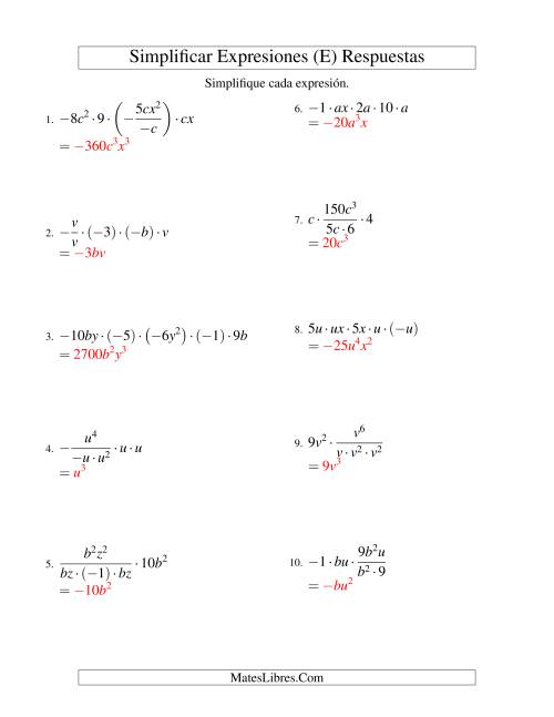 La hoja de ejercicios de Simplificar Expresiones Algebraicas, Multiplicación y División, Dos Variables, Cinco Términos (E) Página 2
