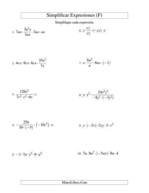 La hoja de ejercicios de Simplificar Expresiones Algebraicas, Multiplicación y División, Dos Variables, Cinco Términos (F)