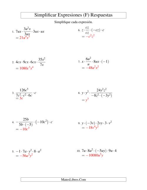 La hoja de ejercicios de Simplificar Expresiones Algebraicas, Multiplicación y División, Dos Variables, Cinco Términos (F) Página 2