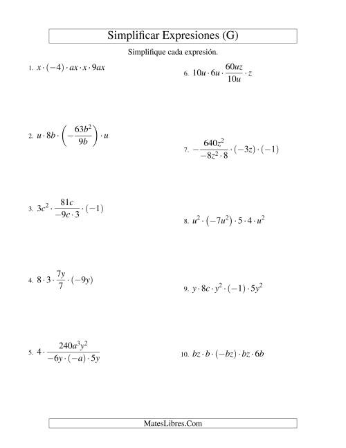 La hoja de ejercicios de Simplificar Expresiones Algebraicas, Multiplicación y División, Dos Variables, Cinco Términos (G)