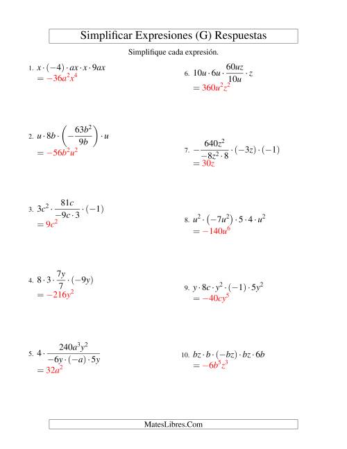 La hoja de ejercicios de Simplificar Expresiones Algebraicas, Multiplicación y División, Dos Variables, Cinco Términos (G) Página 2