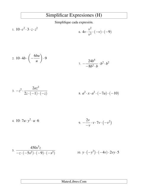 La hoja de ejercicios de Simplificar Expresiones Algebraicas, Multiplicación y División, Dos Variables, Cinco Términos (H)