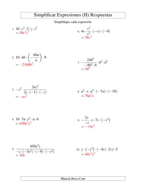 La hoja de ejercicios de Simplificar Expresiones Algebraicas, Multiplicación y División, Dos Variables, Cinco Términos (H) Página 2